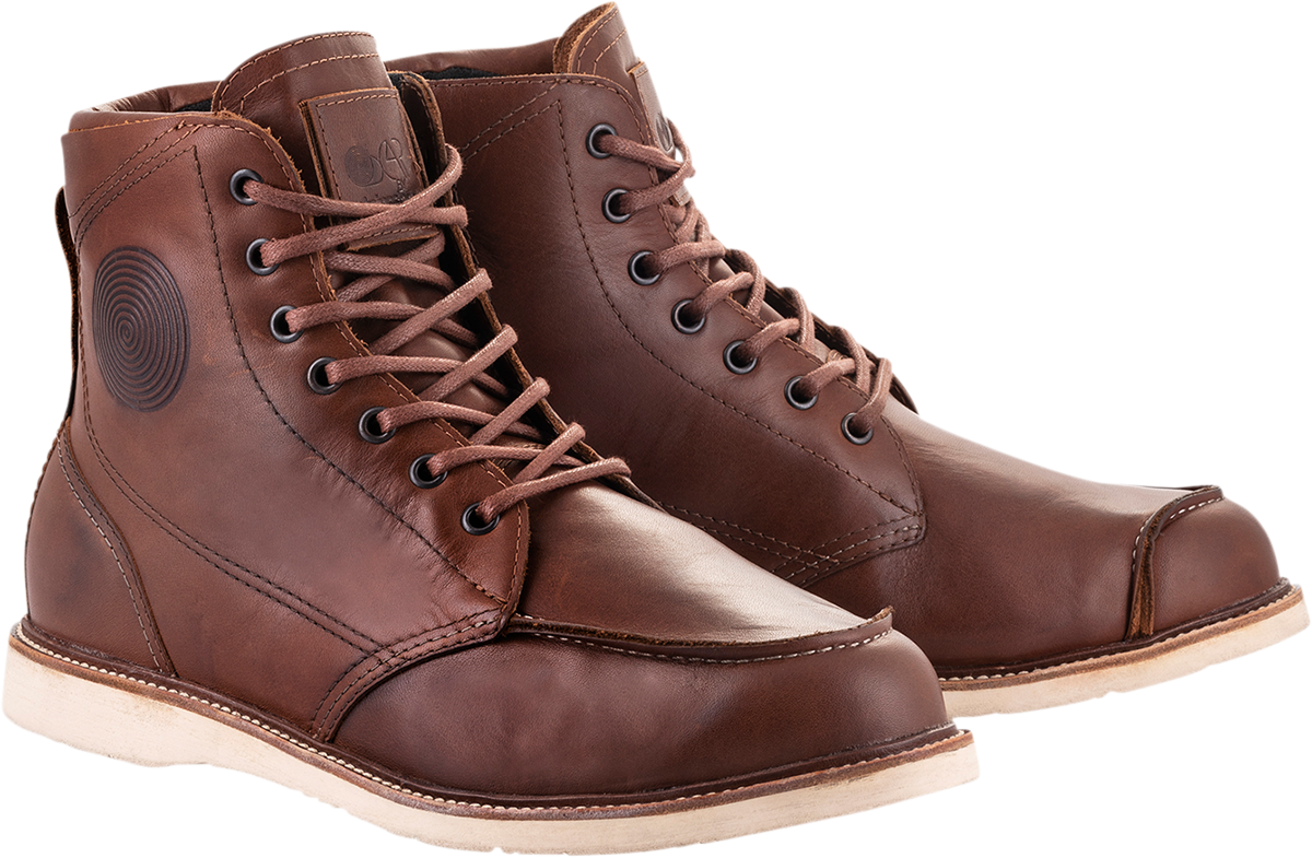 Alpinestars Oscar Monty v2 brown motorcycle boots with rugged leather design and reinforced ankle protection, US size 8.5