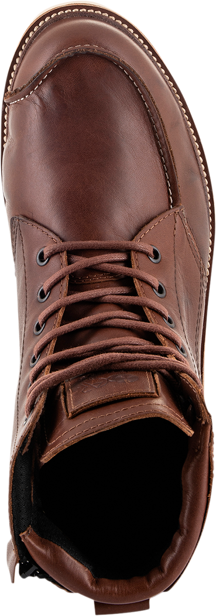 Alpinestars Oscar Monty v2 motorcycle boots in brown, US 8.5, with protective design and sturdy sole, front view.