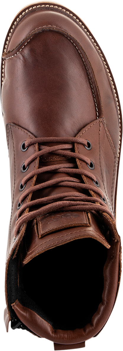 Alpinestars Oscar Monty v2 motorcycle boots in brown, US 8.5, with protective design and sturdy sole, front view.