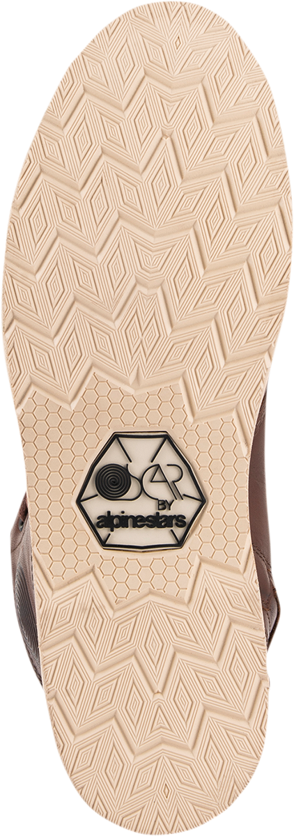 Alpinestars Oscar Monty v2 motorcycle boots in brown with US 8.5 size, showing front view and rugged leather design