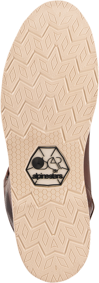 Alpinestars Oscar Monty v2 motorcycle boots in brown with US 8.5 size, showing front view and rugged leather design