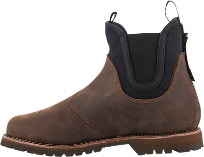 Alpinestars Turnstone motorcycle boots in black and brown with innovative retention system, men's US 9.5, showing side view.