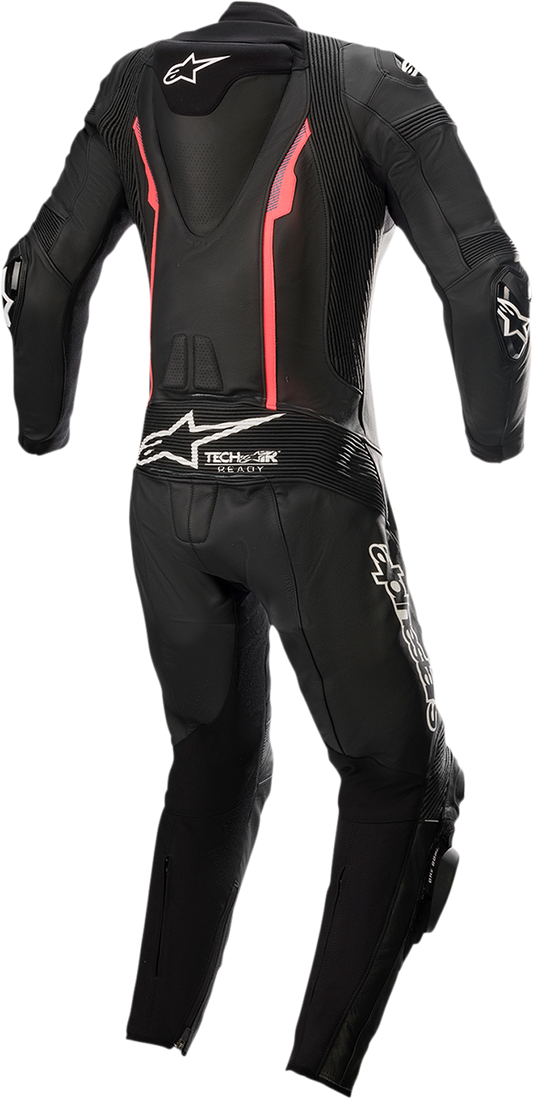 Alpinestars Stella Missile v2 1-piece leather motorcycle suit in black and pink, size US 6 / EU 42, front view.