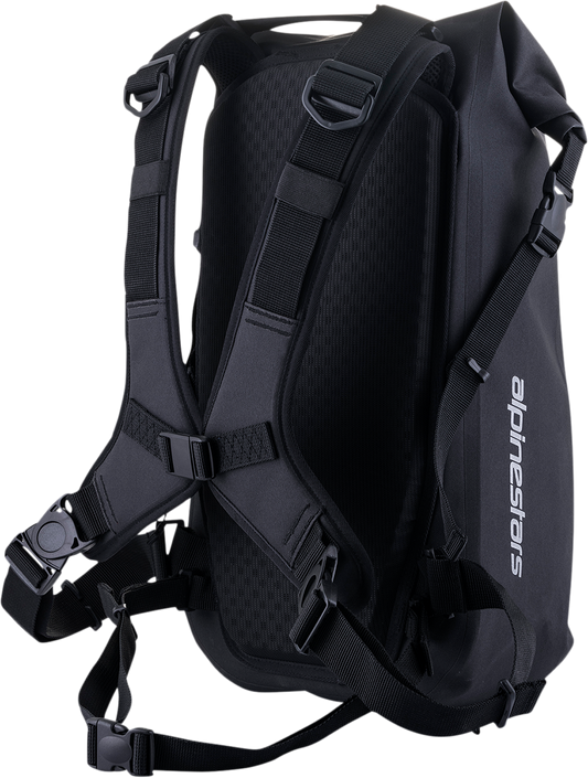 Alpinestars sealed waterproof backpack in black with padded laptop compartment, designed for motorcycle riders.