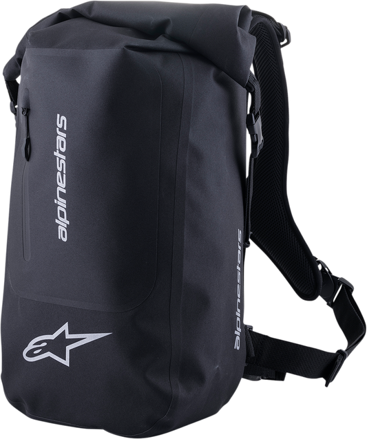 Alpinestars sealed black motorcycle backpack with padded laptop compartment, waterproof design, and secure zippers.