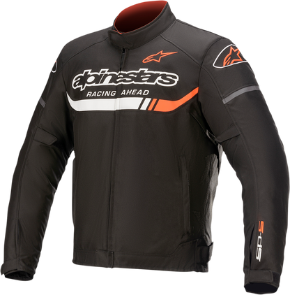 Alpinestars T-SP S Ignition waterproof motorcycle jacket in black, white, and red fluo, size small, with protective design.