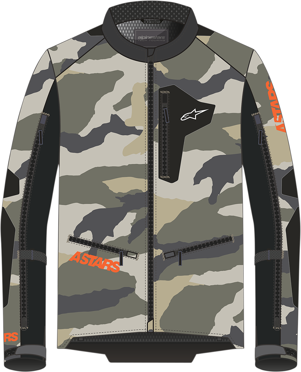 Alpinestars Venture XT jacket in Mojave Camo and Orange Fluo with multiple pockets, size Medium, displayed on a hanger.