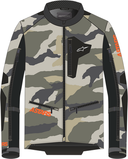 Alpinestars Venture XT jacket in Mojave Camo and Orange Fluo with multiple pockets, size Medium, displayed on a hanger.