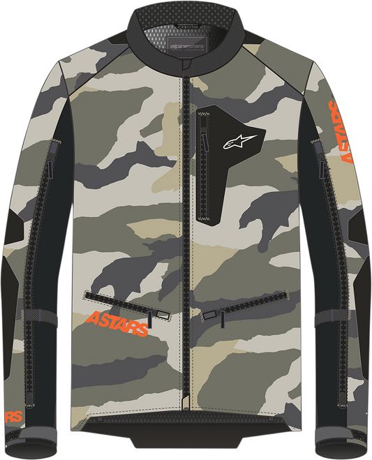 Alpinestars Venture XT jacket in Mojave Camo and Orange Fluo with multiple pockets, size Medium, displayed on a hanger.