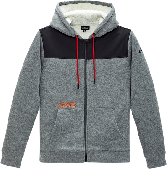 Alpinestars Alliance Sherpa Hybrid Jacket in charcoal heather with hood, fleece lining, and poly fill sleeves for warmth.