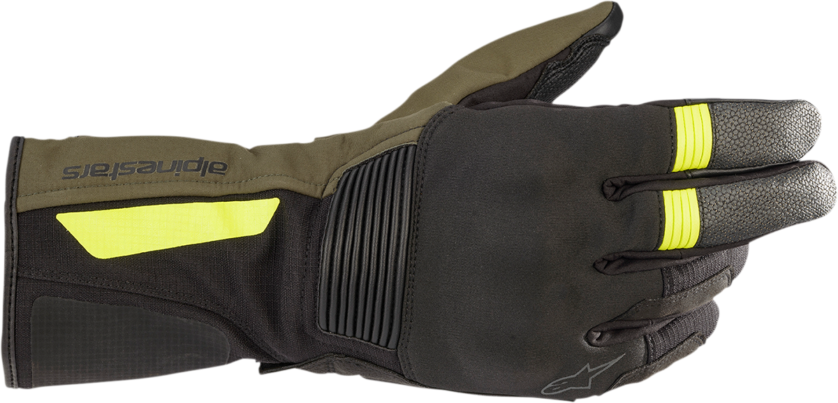 Alpinestars Denali Aerogel Drystar® gloves in black forest and fluo yellow, large size, showing textured leather and protective features.