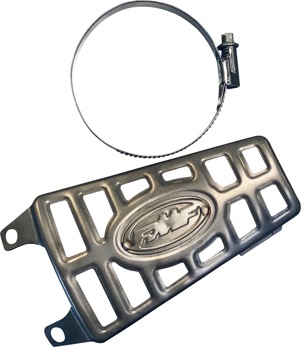 FMF Heat Shield 040691 for exhaust protection, showing a metallic heat shield with mounting brackets and reflective surface.