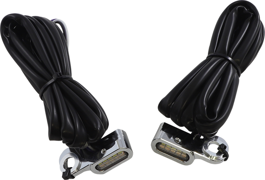 DRAG SPECIALTIES chrome finish marker lights in white and amber with black mounting bases for motorcycle or vehicle lighting.
