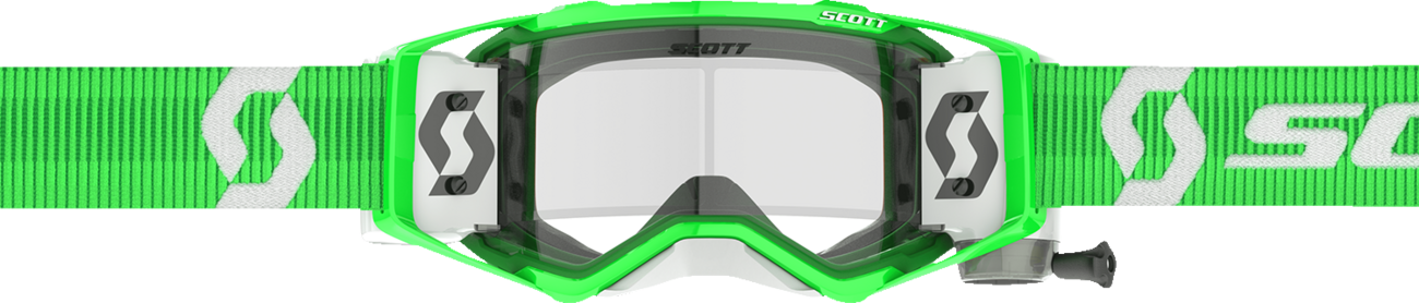 Scott Prospect WFS Goggle with green and white frame and clear lens, designed for motocross or off-road riding.