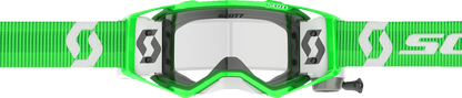 Scott Prospect WFS Goggle with green and white frame and clear lens, designed for motocross or off-road riding.