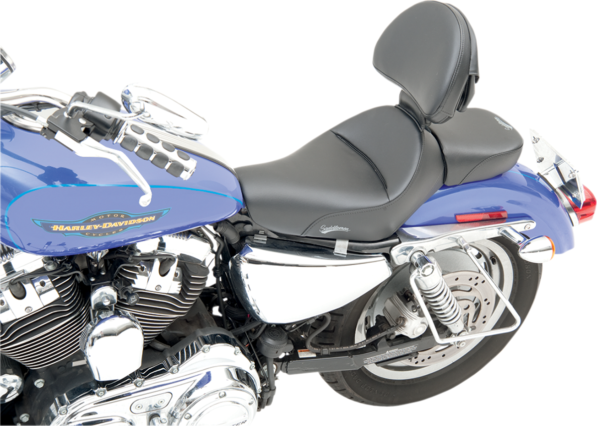 Black SADDLEMEN Heels Down Solo Seat with backrest for XL motorcycles, plain design, by Bill's Exhausts.