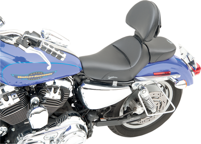 Black SADDLEMEN Heels Down Solo Seat with backrest for XL motorcycles, plain design, by Bill's Exhausts.