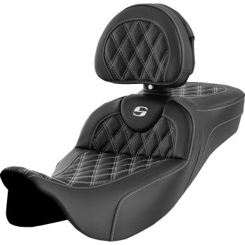 Bill's Exhausts SADDLEMEN Roadsofa™ Extended Reach Seat with lattice stitch, white stitching, and backrest for FL 2008-2023 motorcycle