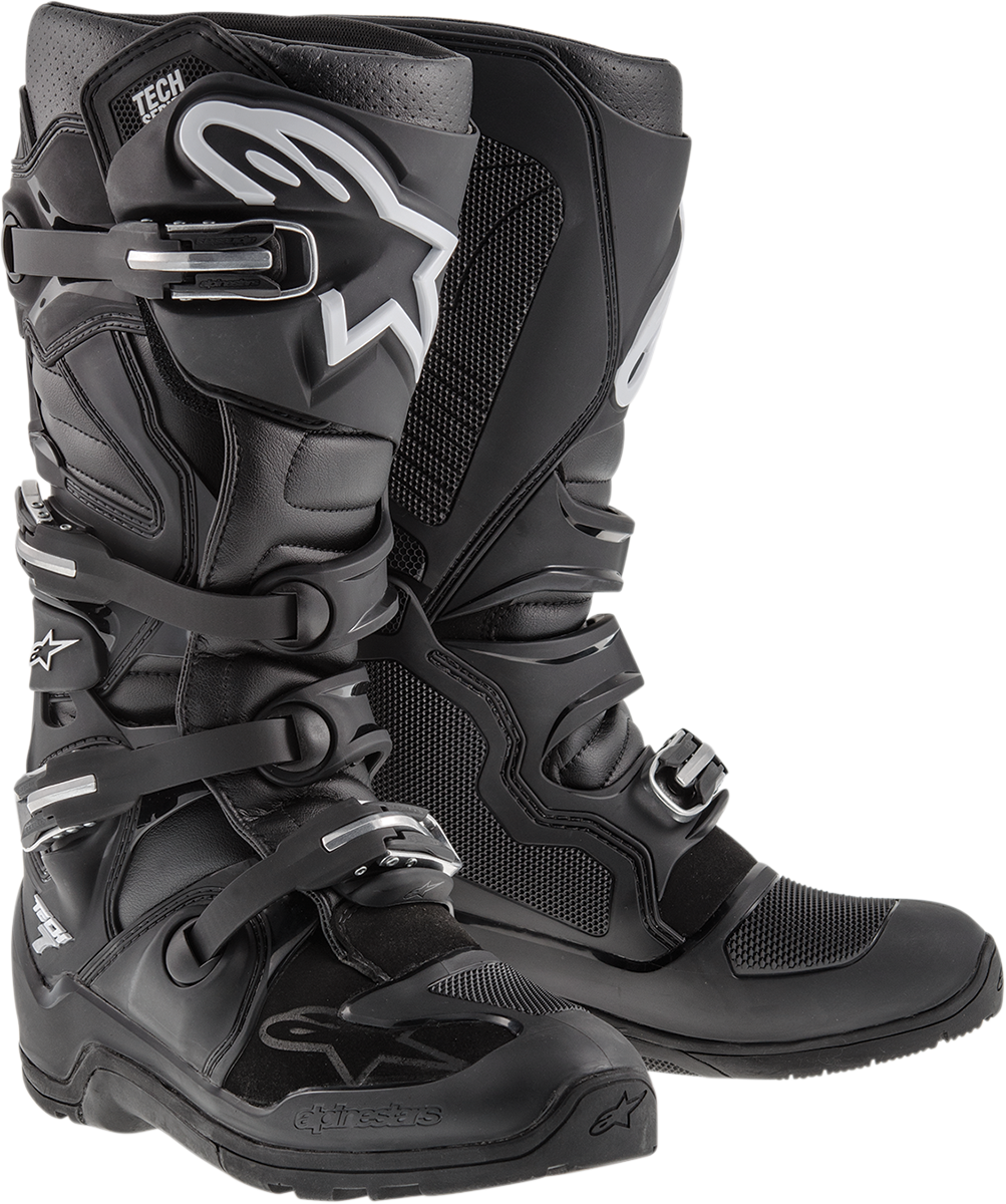 Alpinestars Tech 7 Enduro motorcycle boots in black with US size 12, featuring durable design and protective features.