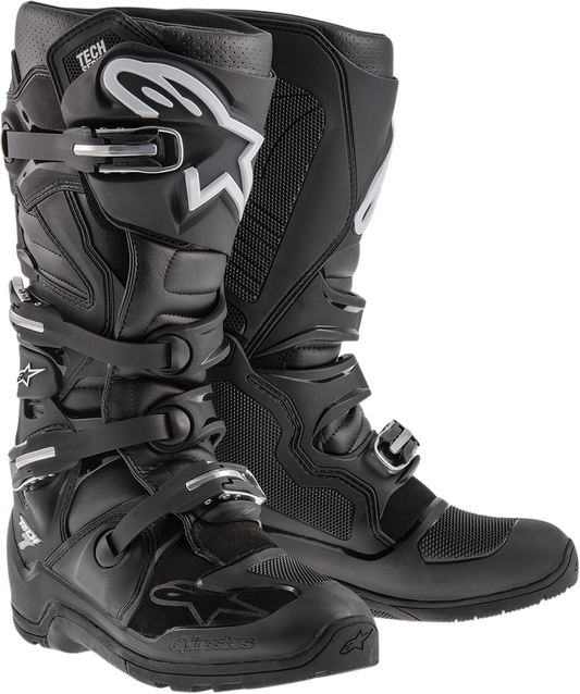 Alpinestars Tech 7 Enduro motorcycle boots in black with US size 12, featuring durable design and protective features.