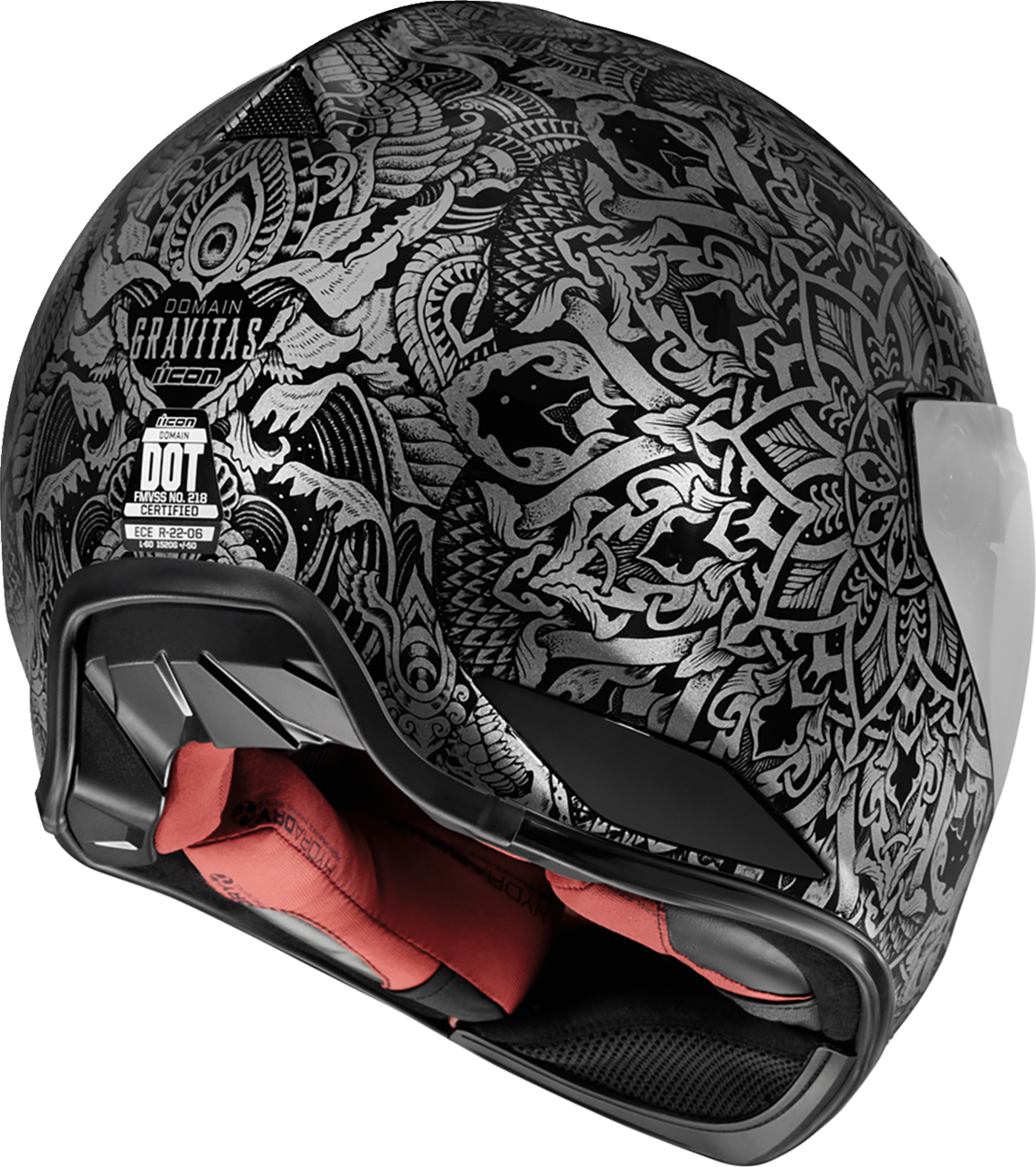 Black ICON Domain™ Gravitas helmet in large size, featuring sleek design and matte finish, designed for motorcycle riders.