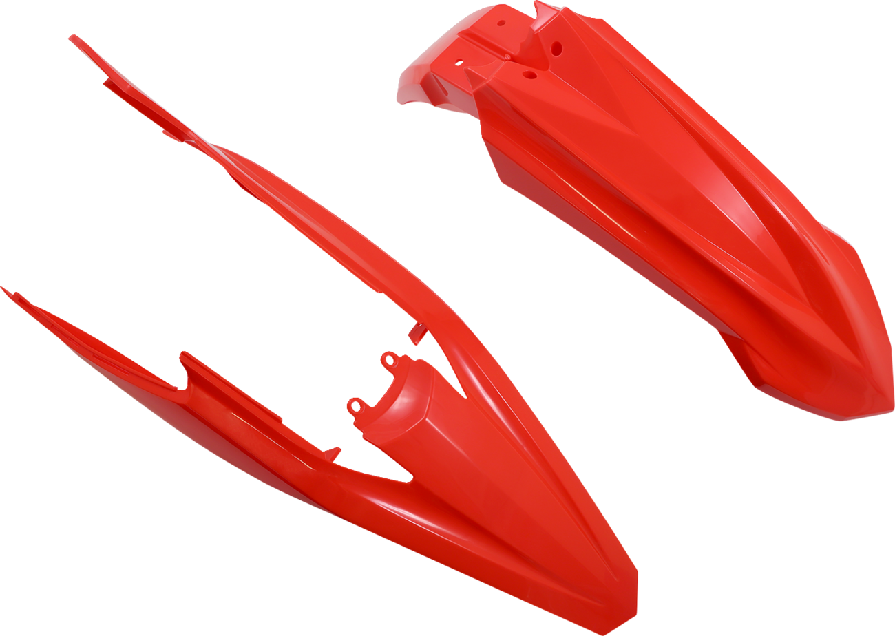 A red ACERBIS full replacement body kit for motorcycles, showcasing the sleek, aerodynamic design and vibrant color.