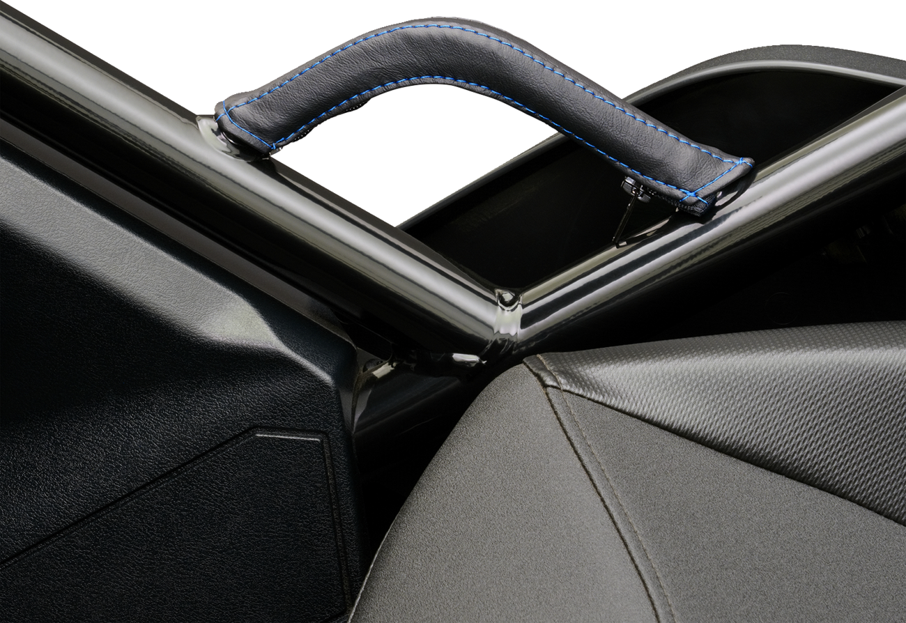 Blue stitched SHOW CHROME Grab Handle Cover for engine from Bill's Exhausts, shown on a motorcycle engine component.