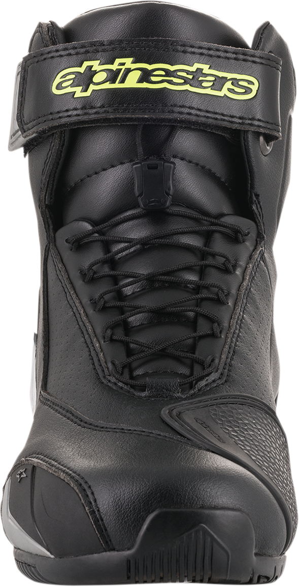 Alpinestars SP-1 v2 riding shoes in black, silver, and yellow, US 6.5 size, designed for motorcycle riding.