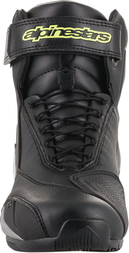 Alpinestars SP-1 v2 riding shoes in black, silver, and yellow, US 6.5 size, designed for motorcycle riding.