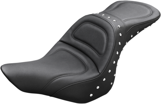 Bill's Exhausts SADDLEMEN Explorer Special Seat for FXSB motorcycle, shown with padded black leather for comfort and style.