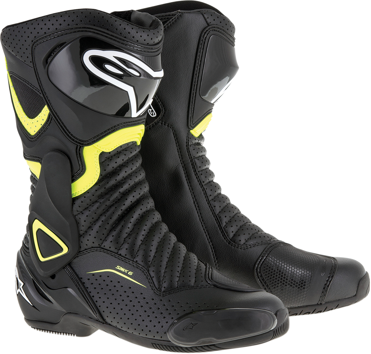 Alpinestars SMX-6 v2 vented motorcycle boots in black and yellow, US 6.5 / EU 40, featuring protective design and ventilation panels.