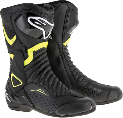 Alpinestars SMX-6 v2 vented motorcycle boots in black and yellow, US 6.5 / EU 40, featuring protective design and ventilation panels.
