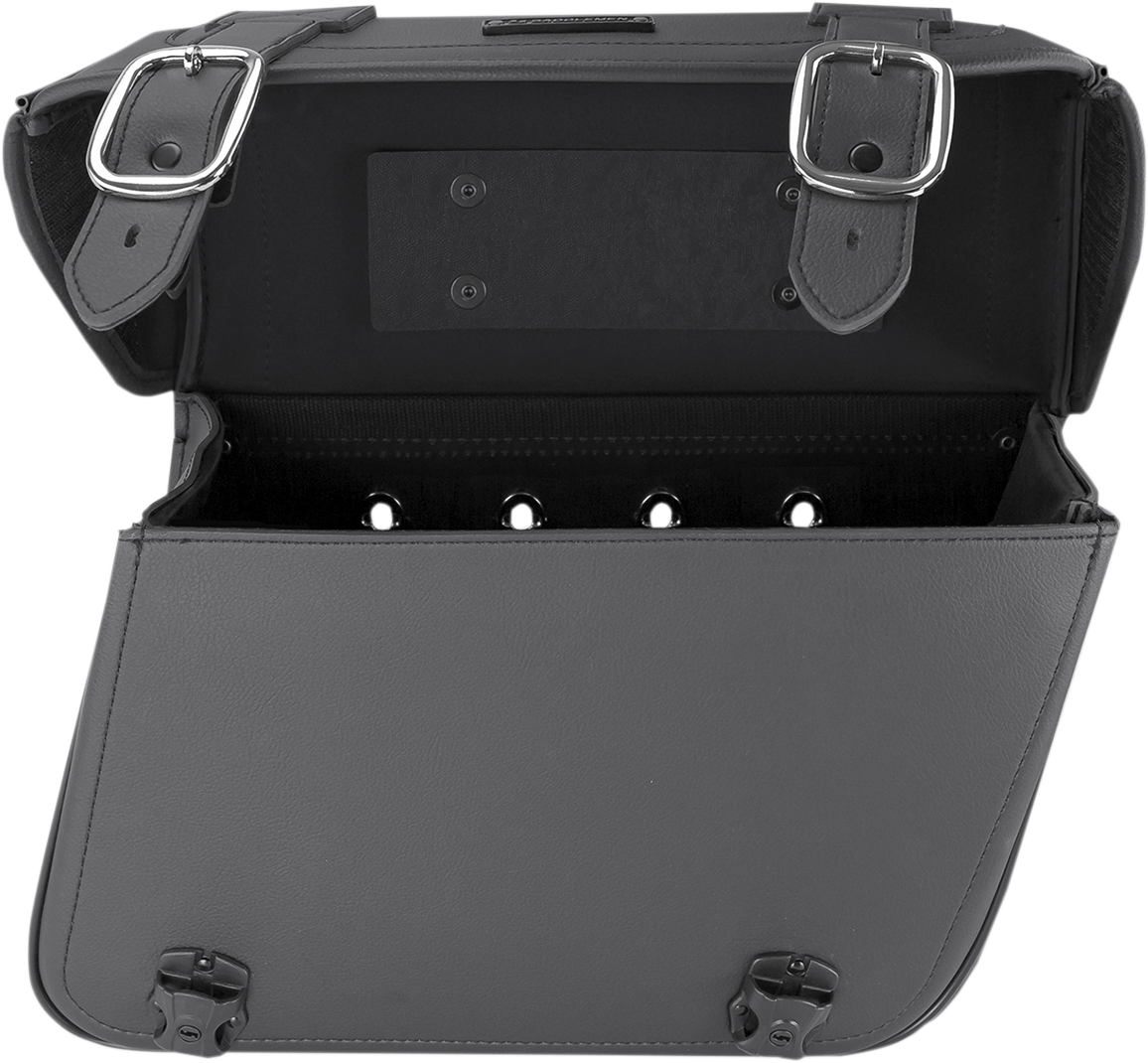 Universal saddlebag for seats by Saddlemens, designed for motorcycle storage, shown attached to a bike seat with black finish.