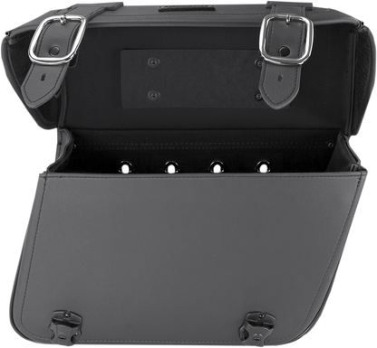Universal saddlebag for seats by Saddlemens, designed for motorcycle storage, shown attached to a bike seat with black finish.