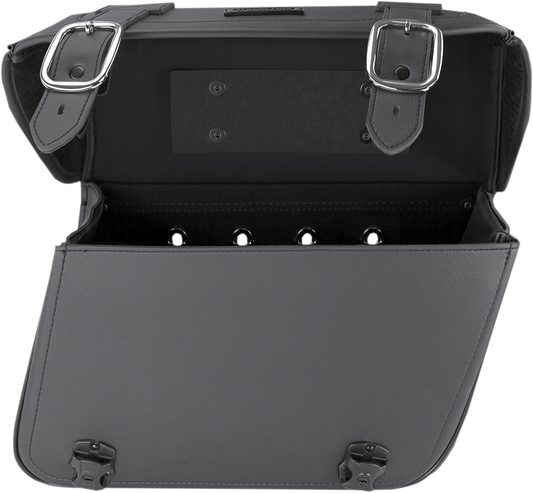 Universal saddlebag for seats by Saddlemens, designed for motorcycle storage, shown attached to a bike seat with black finish.
