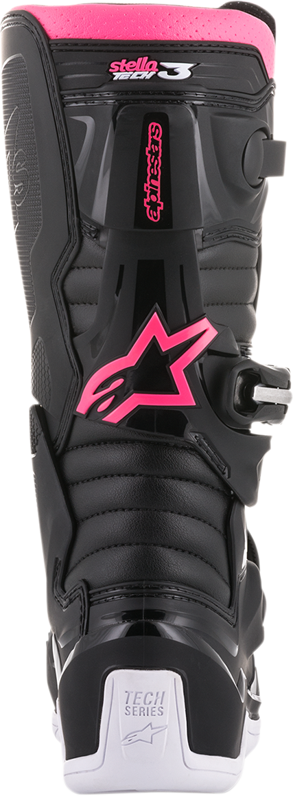 Alpinestars Stella Tech 3 motorcycle boots in black, white, and pink with protective features, US size 8.