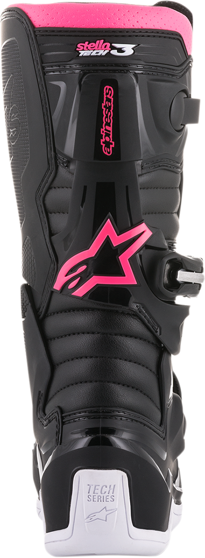 Alpinestars Stella Tech 3 motorcycle boots in black, white, and pink with US size 6, featuring protective design and sporty style.