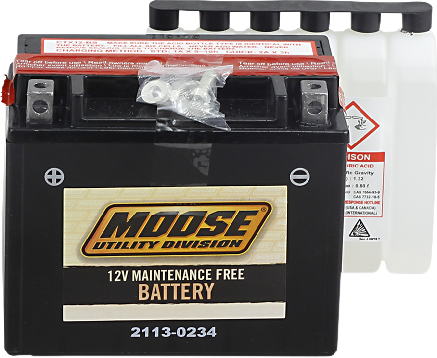 Moose Offroad AGM YTX12-BS motorcycle battery, 12-volt maintenance-free power source, with black case and terminal posts.