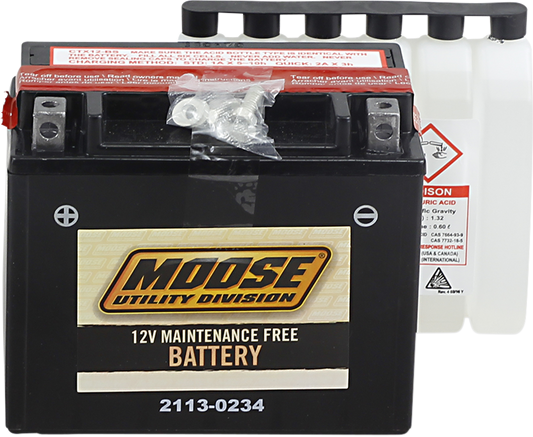 Moose Offroad AGM YTX12-BS motorcycle battery, 12-volt maintenance-free power source, with black case and terminal posts.
