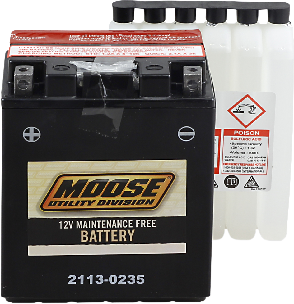 MOOSE OFFROAD AGM YTX14AH-BS motorcycle battery, heavy-duty maintenance-free 12-volt power source, with part number MTX14AH-BS.