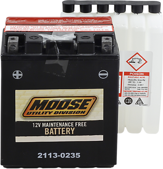 MOOSE OFFROAD AGM YTX14AH-BS motorcycle battery, heavy-duty maintenance-free 12-volt power source, with part number MTX14AH-BS.