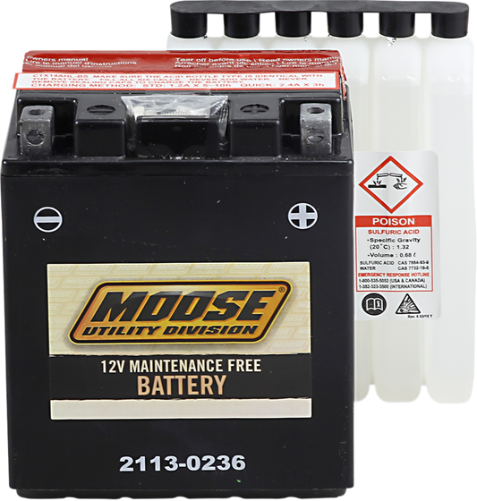 MOOSE OFFROAD AGM YTX14AHL-BS heavy-duty 12-volt maintenance-free battery for off-road vehicles, with terminal posts and compact design.