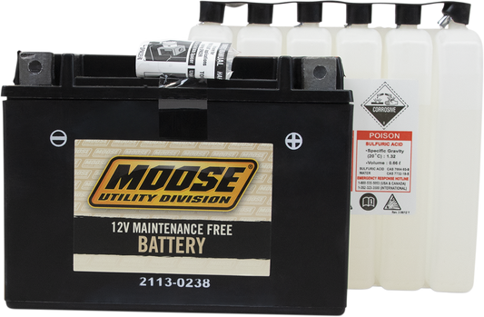 Moose Offroad AGM YTX15L-BS motorcycle battery with heavy-duty, maintenance-free 12-volt power, shown in the image.