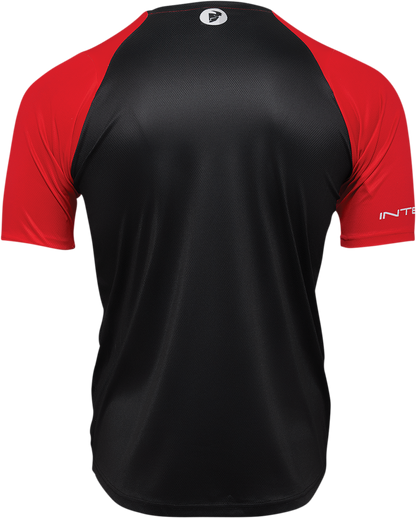 Red and black THOR Intense Assist Chex short-sleeve jersey for MTB and e-MTB, featuring performance fabric and athletic fit.