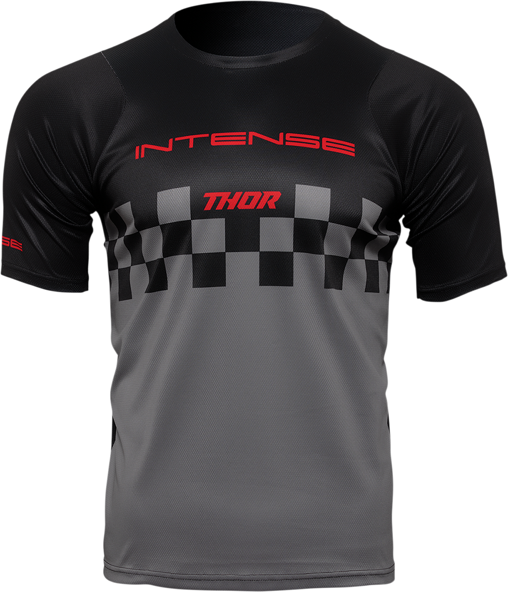 Black and gray THOR Intense Assist Chex short-sleeve jersey, size large, featuring breathable fabric and sporty design.