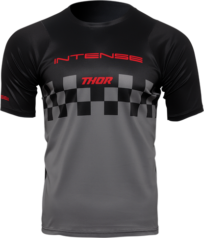 Black and gray THOR Intense Assist Chex short-sleeve jersey, size large, featuring breathable fabric and sporty design.