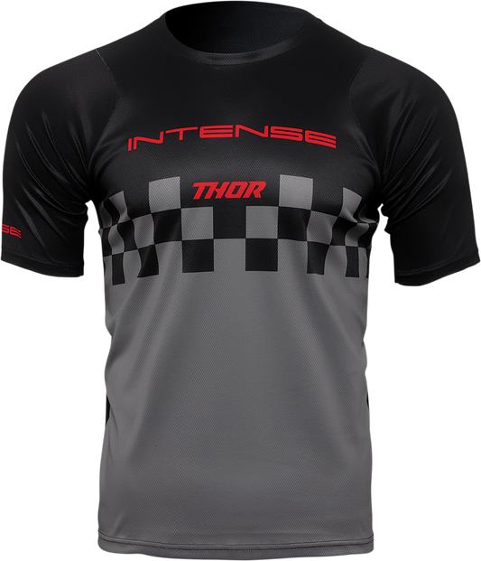 Black and gray THOR Intense Assist Chex short-sleeve jersey in XL, featuring breathable fabric and athletic fit.