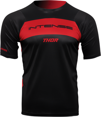Black and red THOR Intense Assist Dart short-sleeve MTB jersey in 2XL, featuring lightweight, breathable fabric and MTB-specific design.