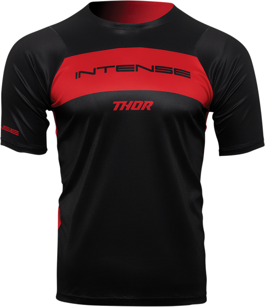 Black and red THOR Intense Assist Dart short-sleeve MTB jersey in 2XL, featuring lightweight, breathable fabric and MTB-specific design.