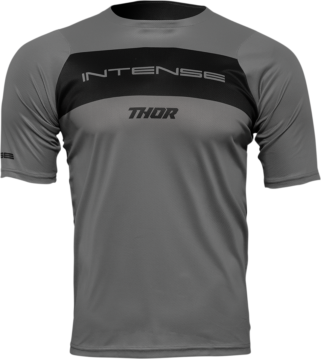 Gray and black THOR Intense Assist Dart short-sleeve cycling jersey with fit and style details.